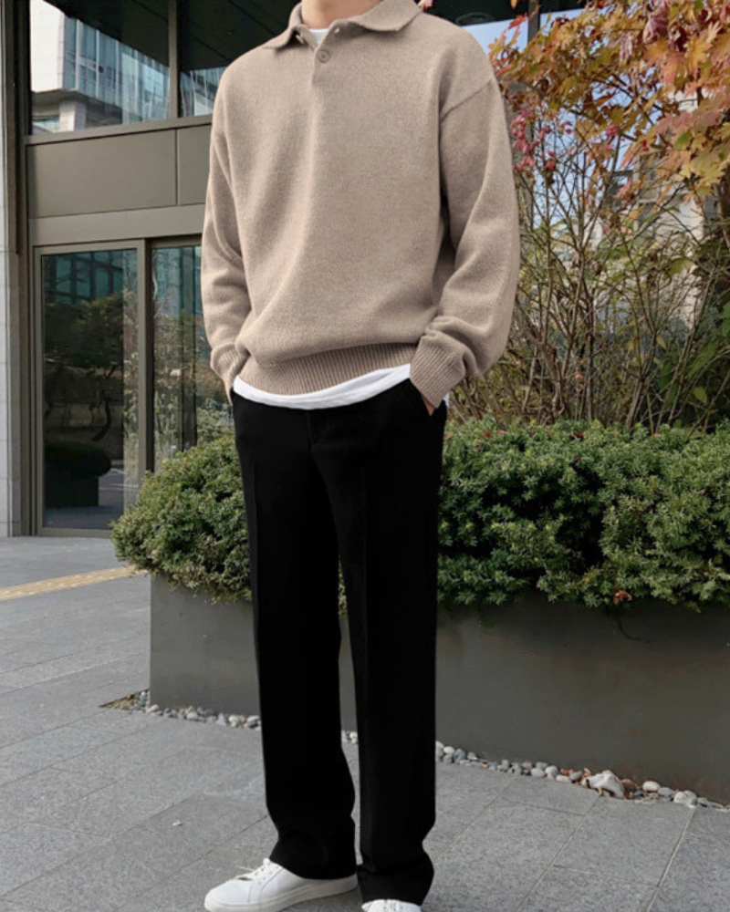 Half-Zipper Button-Down Wool Sweater